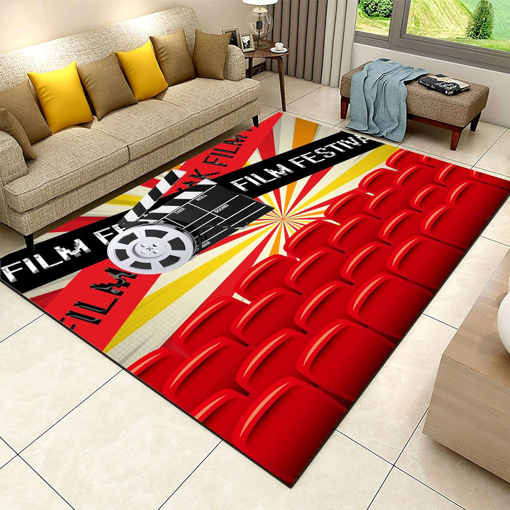 Theater Area Rug,6x8ft, with 3D Red Cinema Seats and Film Tape Patterns - Irregular Pattern Theme, Machine Washable Carpet for Indoor Living Room, Bedroom, and Office Decor Mat