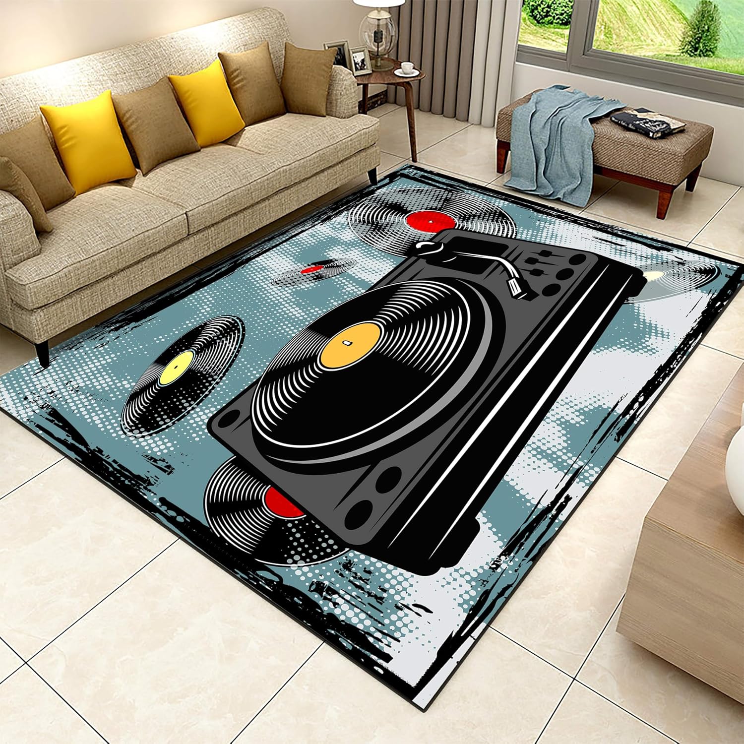 Music Record Player Area Rugs, 6x8ft, Retro Vinyl Record Floor Rug, 3D CD Player Rugs for Home Decoration, Machine Washable Breathable Foldable Carpet for Floor Entryway Office