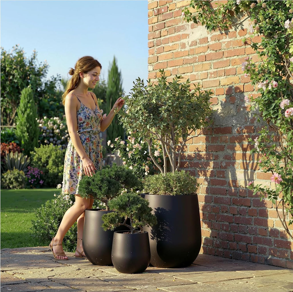 DTY Premium Mt Wilson Tall Tapered Fiberstone Planter for Indoor Outdoor Use, Modern Large Olive Tree Pot with Drainage Hole, Includes 2 Coco Mats. Black, Large 20.1'' D x 21.9'' H. 15.4' Pot Opening