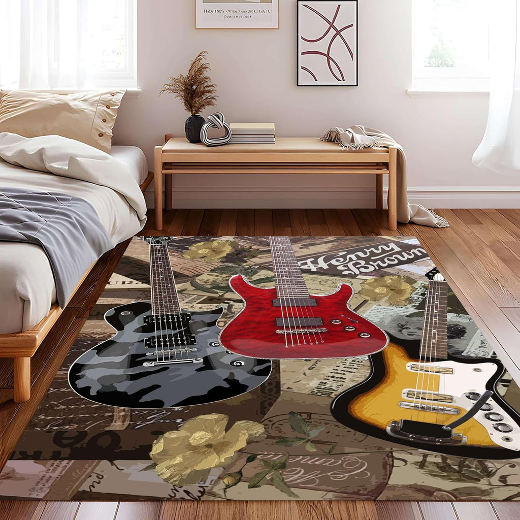 UNREASTO Retro Guitar Area Rug, 6x8ft, Music Instrument Red Gray Brown Rock Electric Guitar Poster Print Washable Rug, Easy to Clean Durable Rug for Living Room Bedroom Dormitory Apartment