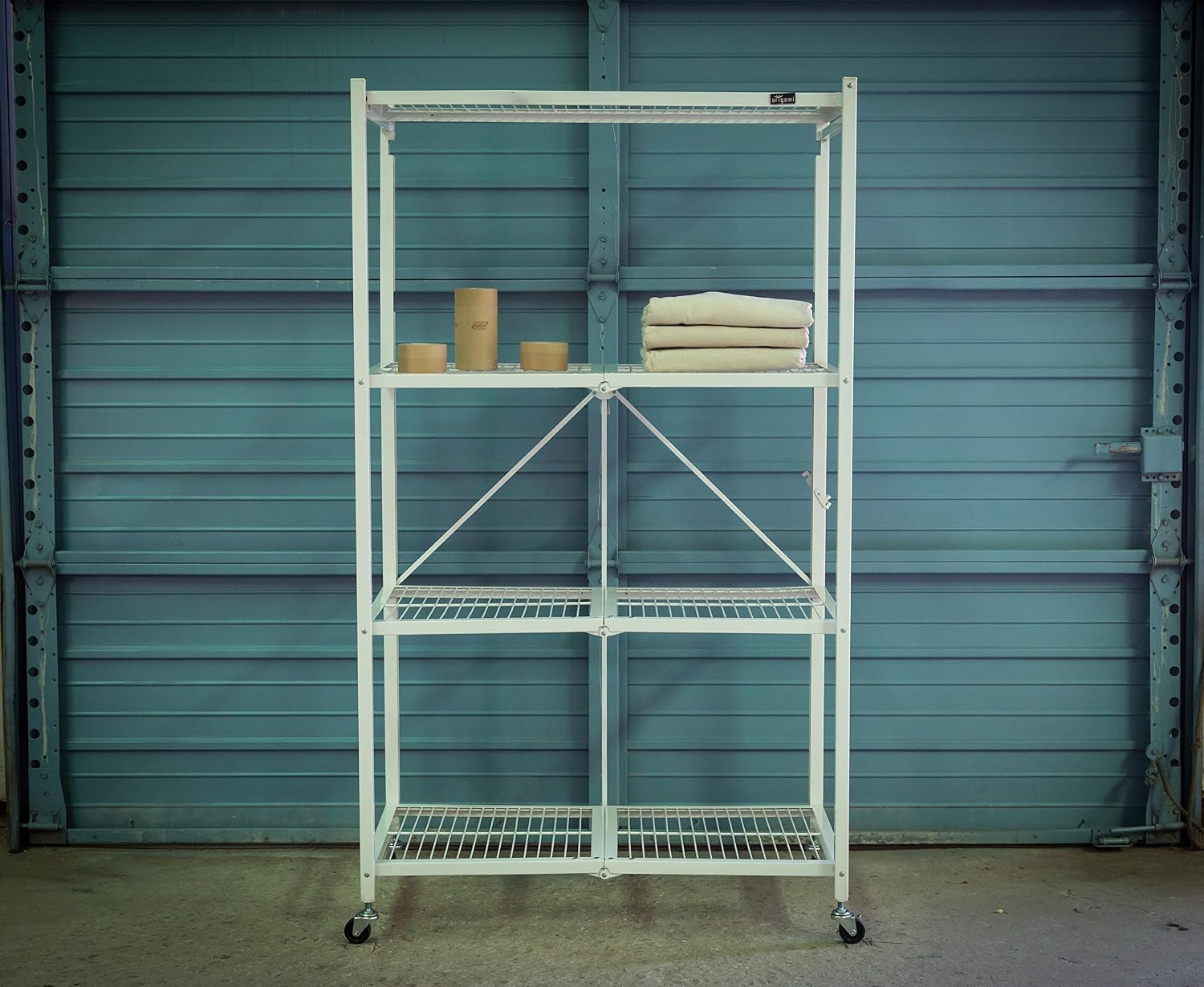 Origami 2-Pack R5 Storage Rack, 4-Tier Heavy-Duty Foldable Steel Shelf with Wheels, White