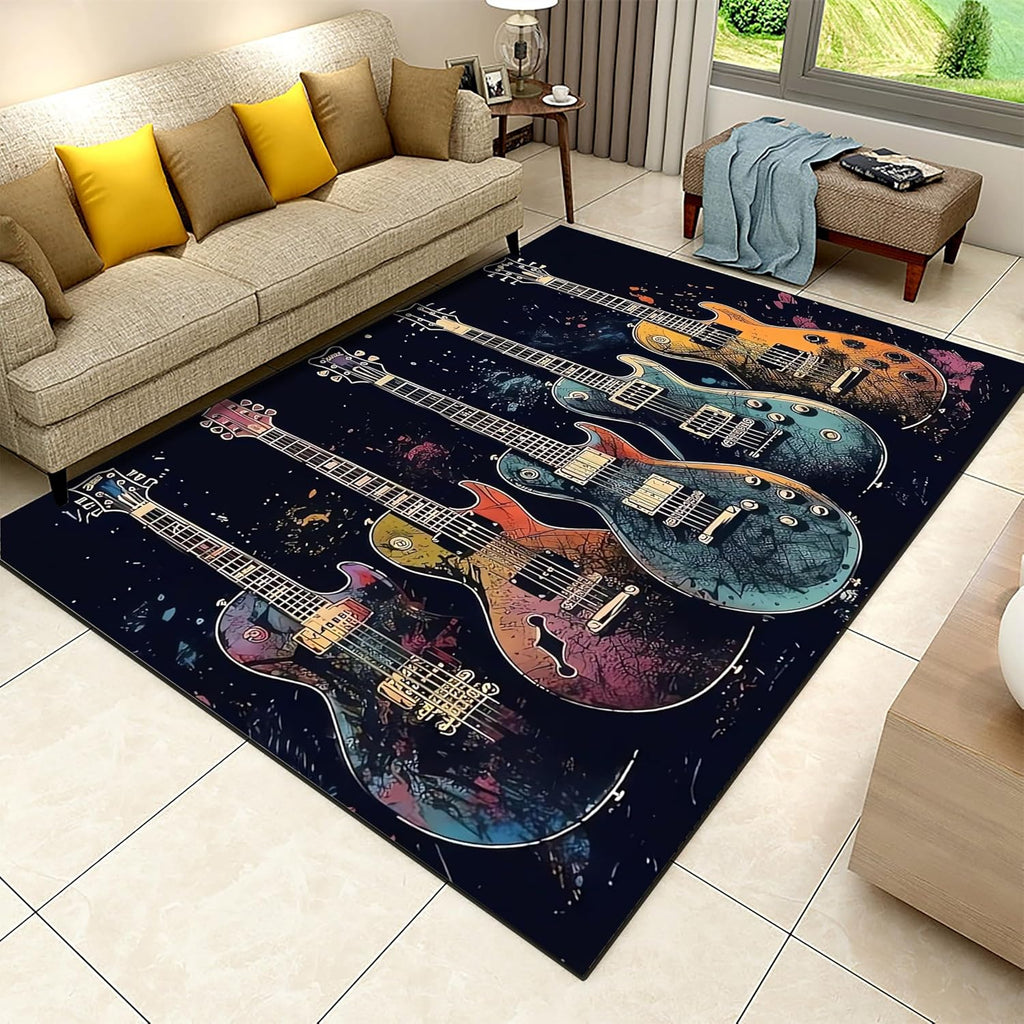 Guitar Print Living Room Carpet, 6x8ft, Watercolor Guitar Bass Kids Rugs, Durable Breathable Home Decorative Rugs, Low Pile Soft No Crease Washable Area Rug for Living Room Runner