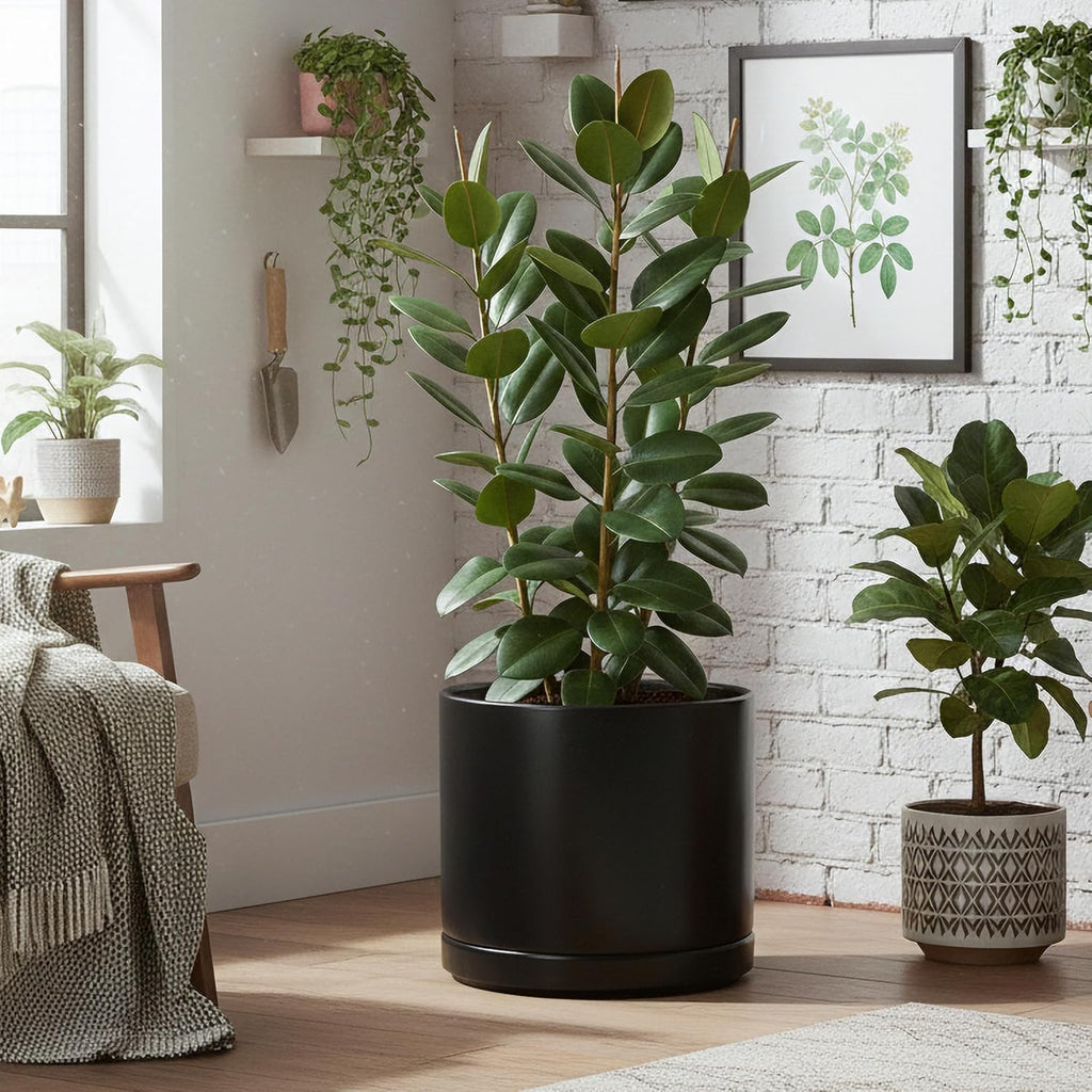 D'vine Dev 16 Inch Ceramic Planter Pot with Drainage Hole and Saucer, Indoor Cylinder Round Planter Pot, Black, 94-O-H-2