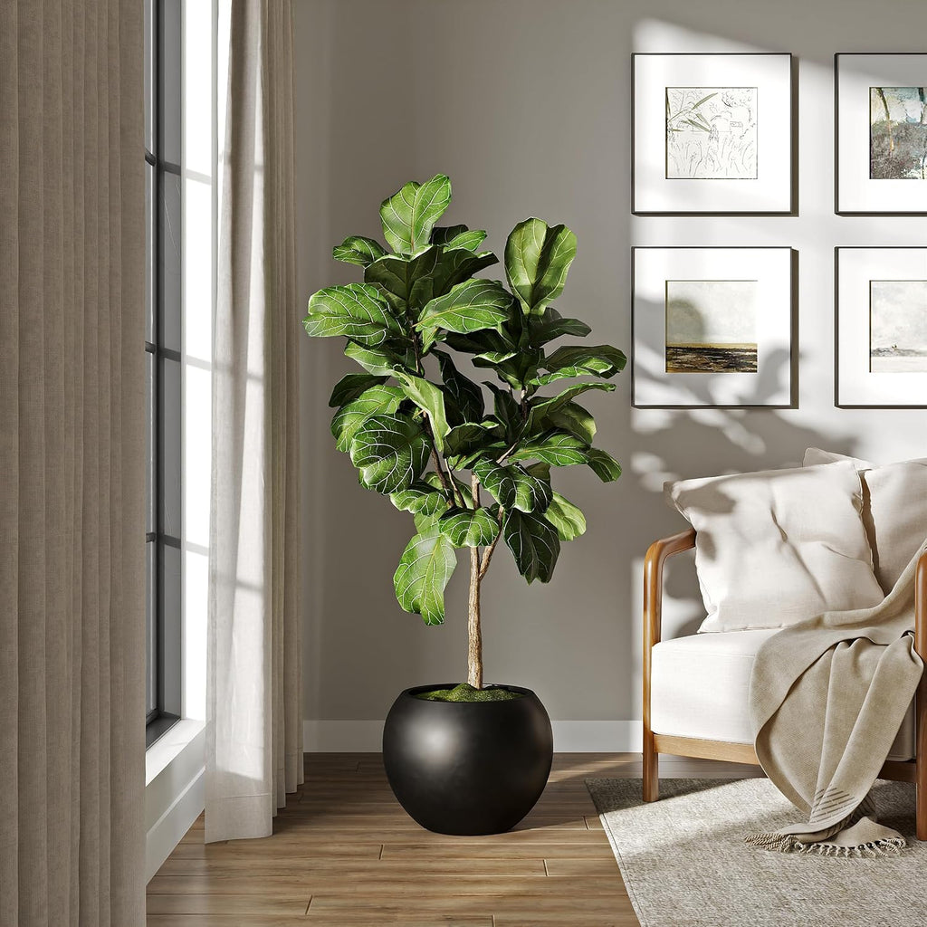 DTY Premium Mt Sherman Fiberstone Sphere Planter for Indoor Outdoor Use, Round Pot for Olive Tree, Lightweight, Smooth Finishes. 2 Extra Coco Mats. Black, Large 21.1'' D x 16.7'' H. 14.6' Pot Opening