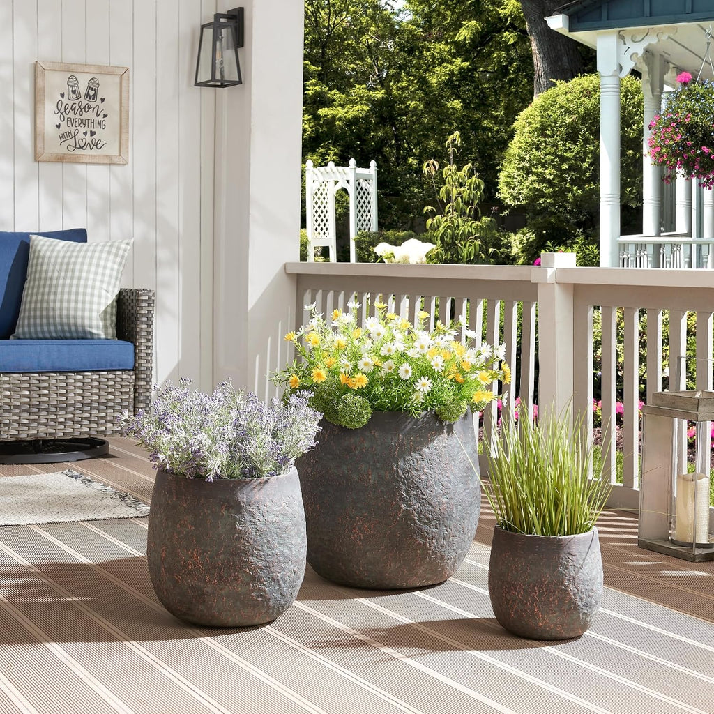 Wallowa 17.3'+12.9'+9.0' Dia Weathered Concrete Flower Pots, Modern Round Style Concrete Planter for Home, Garden, Patio, Courtyard, Bronze Rust Color, Set of 3