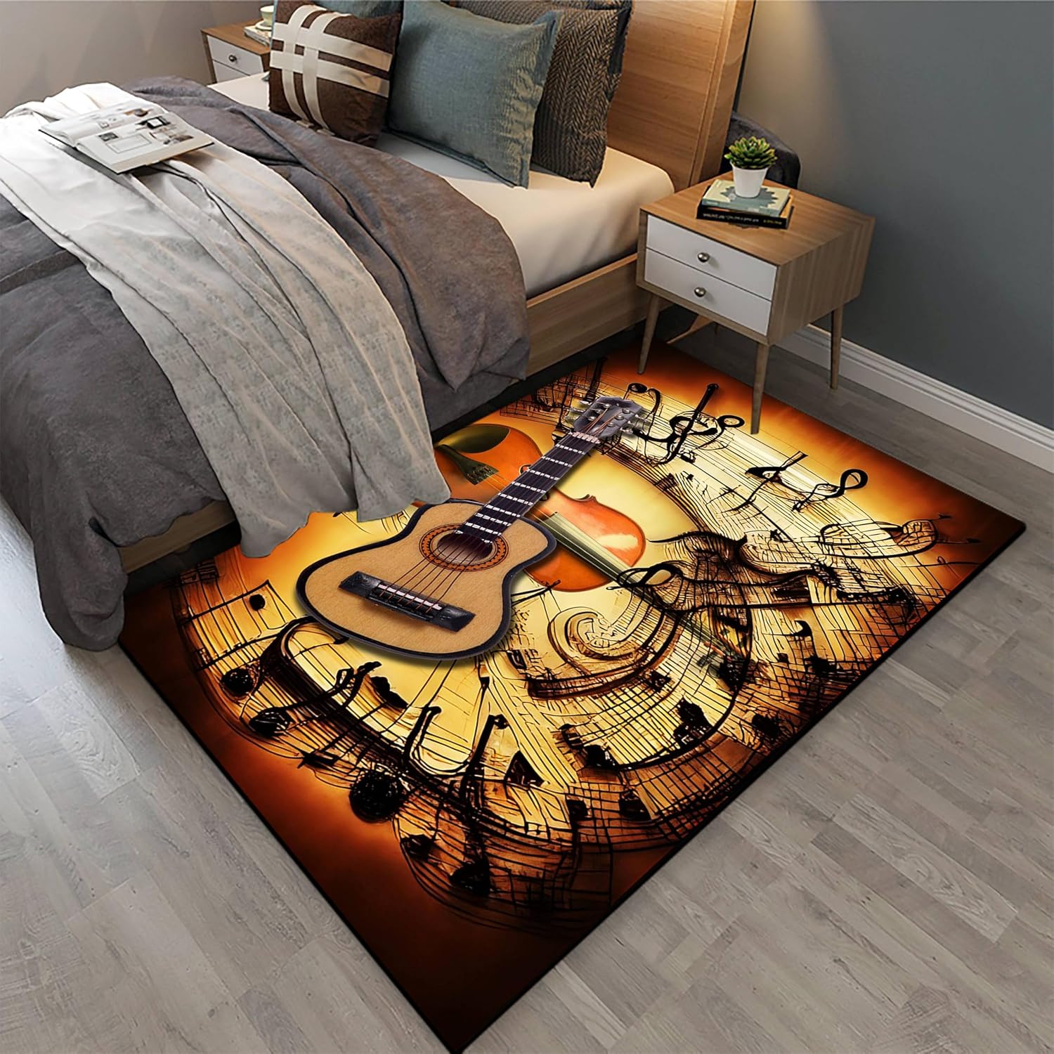 Music Notes Art Rug 6x8ft - Creative Guitar & Note Pattern Washable Carpet, Wear-Resistant Rug for Living Room/Studio - Musical Atmosphere Home Decor
