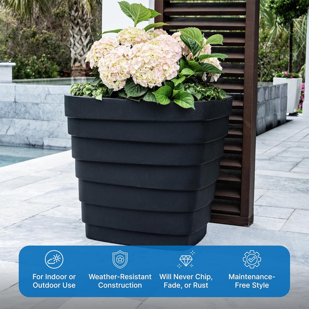 Step2 Wave 20x24 Planter, Large Planters for Outdoor Plants, Gardening and Flower Pot for Patio or Porch, Efficient Drainage, Durable Plastic, Black, 2-Pack