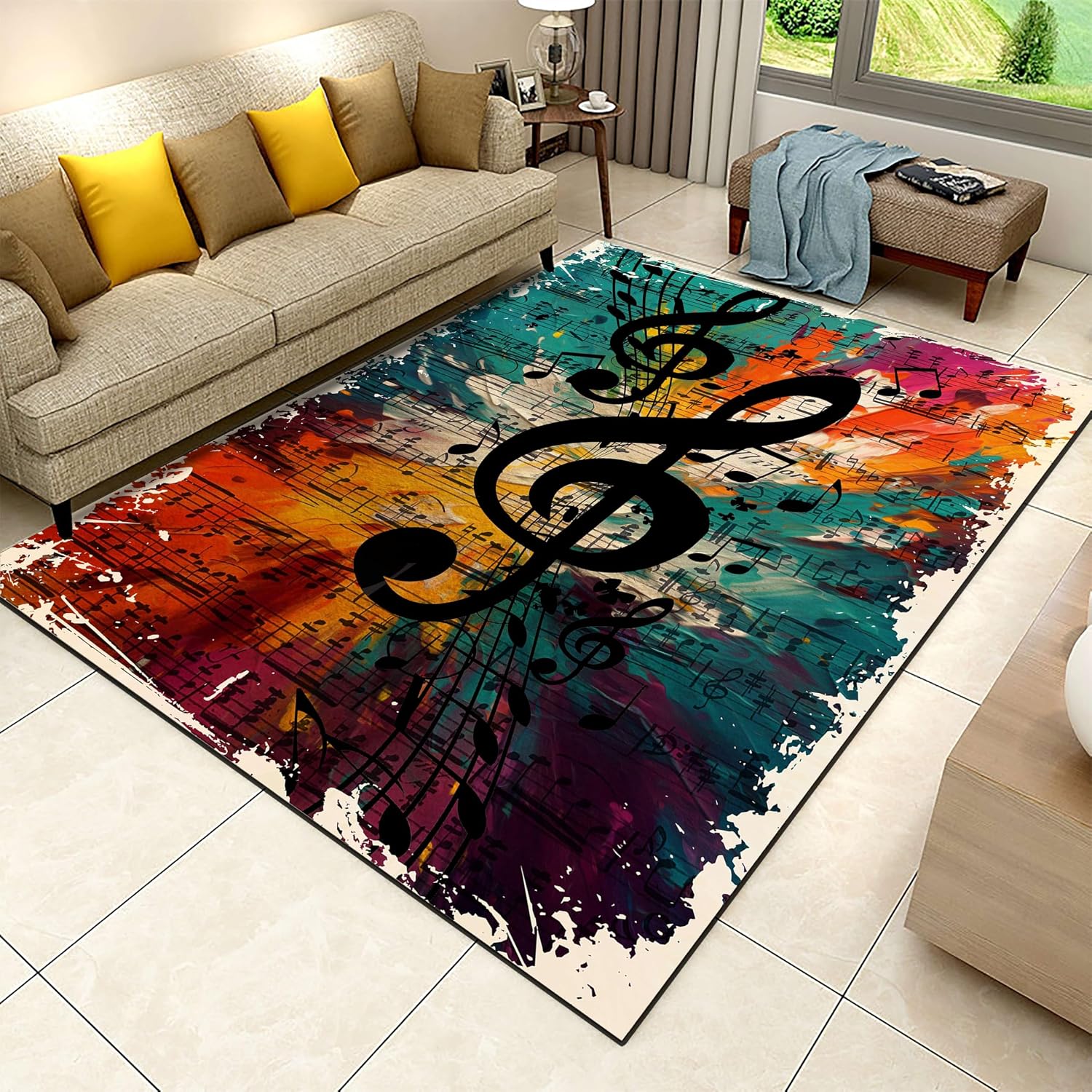 Retro Musical Note Rugs for Indoors, 6x8ft, Colorful Oil Painting Musical Score Melody Living Room Rugs, Low Pile Absorbent Washable High Traffic Carpets for Entrance Living Room