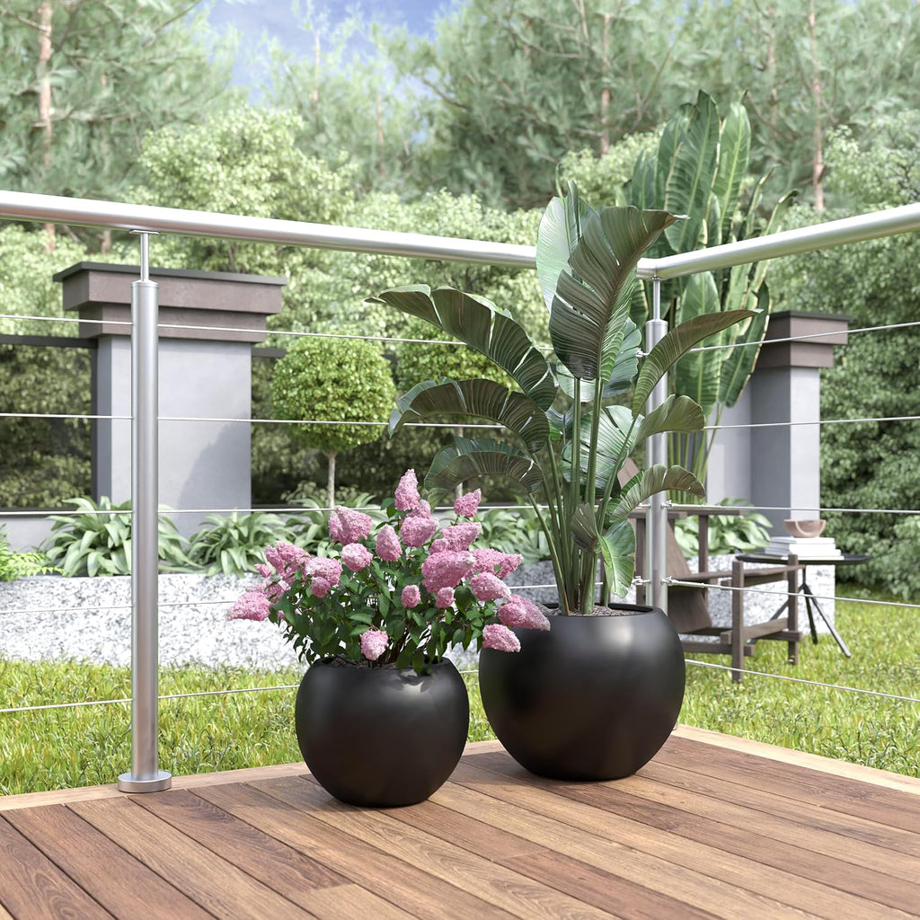 DTY Premium Mt Sherman Fiberstone Sphere Planter for Indoor Outdoor Use, Round Pot for Olive Tree, Lightweight, Smooth Finishes. 2 Extra Coco Mats. Black, Large 21.1'' D x 16.7'' H. 14.6' Pot Opening