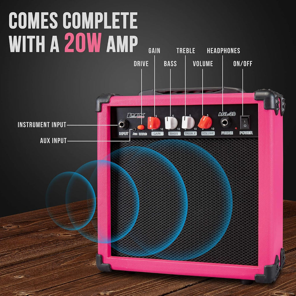 LyxPro 39' inch Full Size Electric Guitar with 20w Amp, Package Includes All Accessories, Digital Tuner, Strings, Picks, Tremolo Bar, Shoulder Strap, and Case Bag Complete Beginner Starter kit - Pink