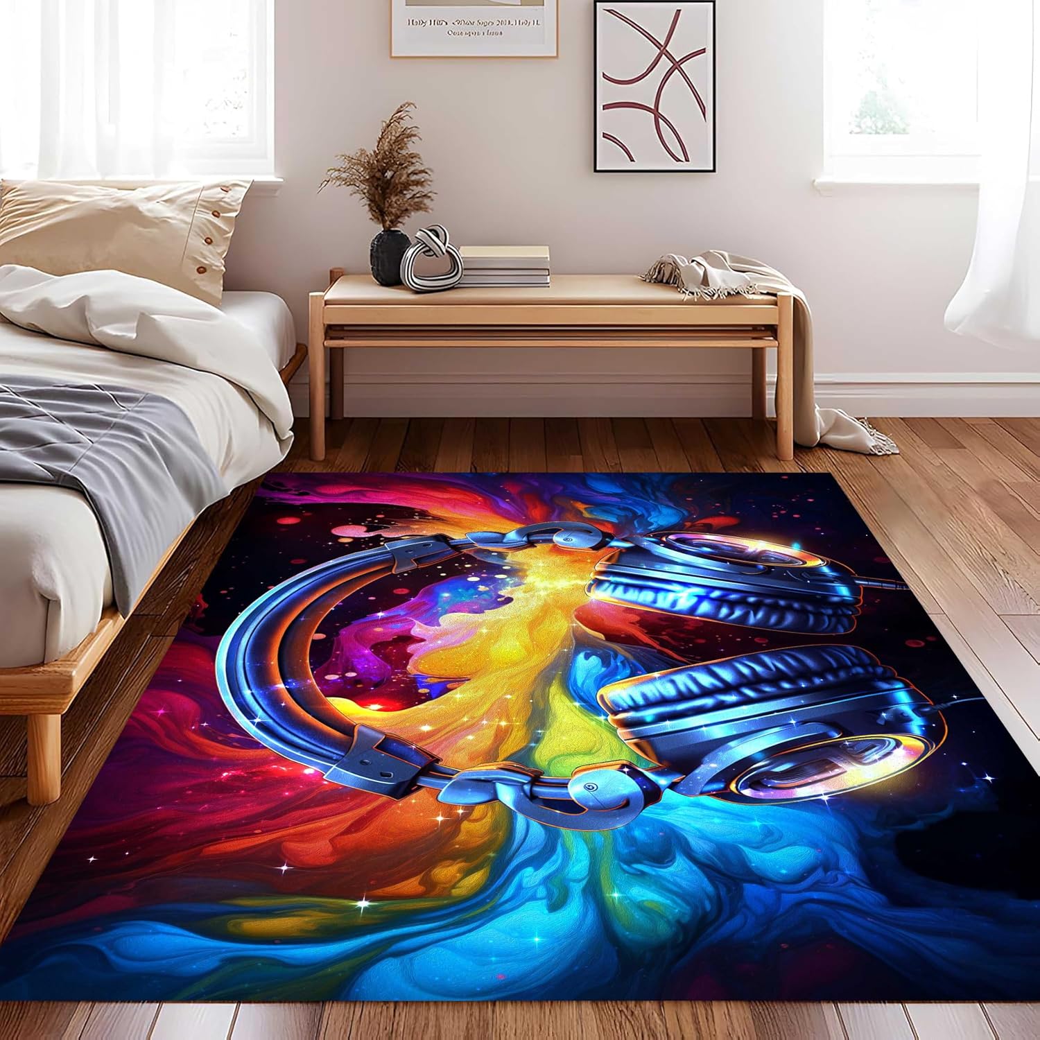 Game Area Rug, 6x8ft, Music Headphone Rug Colorful Graffiti Cool Throw Rugs 3D Indoor Large Rugs, Non-Slip Machine Washable Carpet Door Mats for Living Room Bedroom Apartment Dorm
