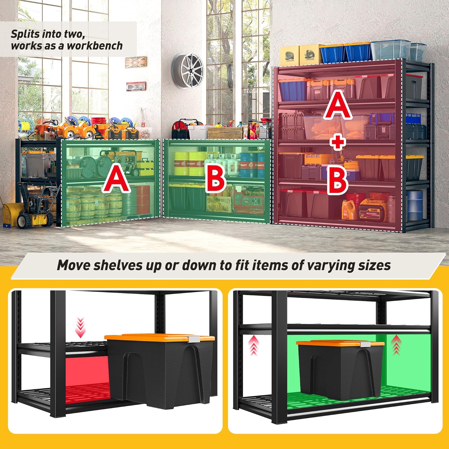 REIBII Garage Shelving 3200LBS, 5-Tier Storage Shelves, Adjustable Industrial Metal Shelving Unit for Garage, Basement, Pantry, Warehouse,Commercial, 36' W x 16' D x 72' H, 2 Pack