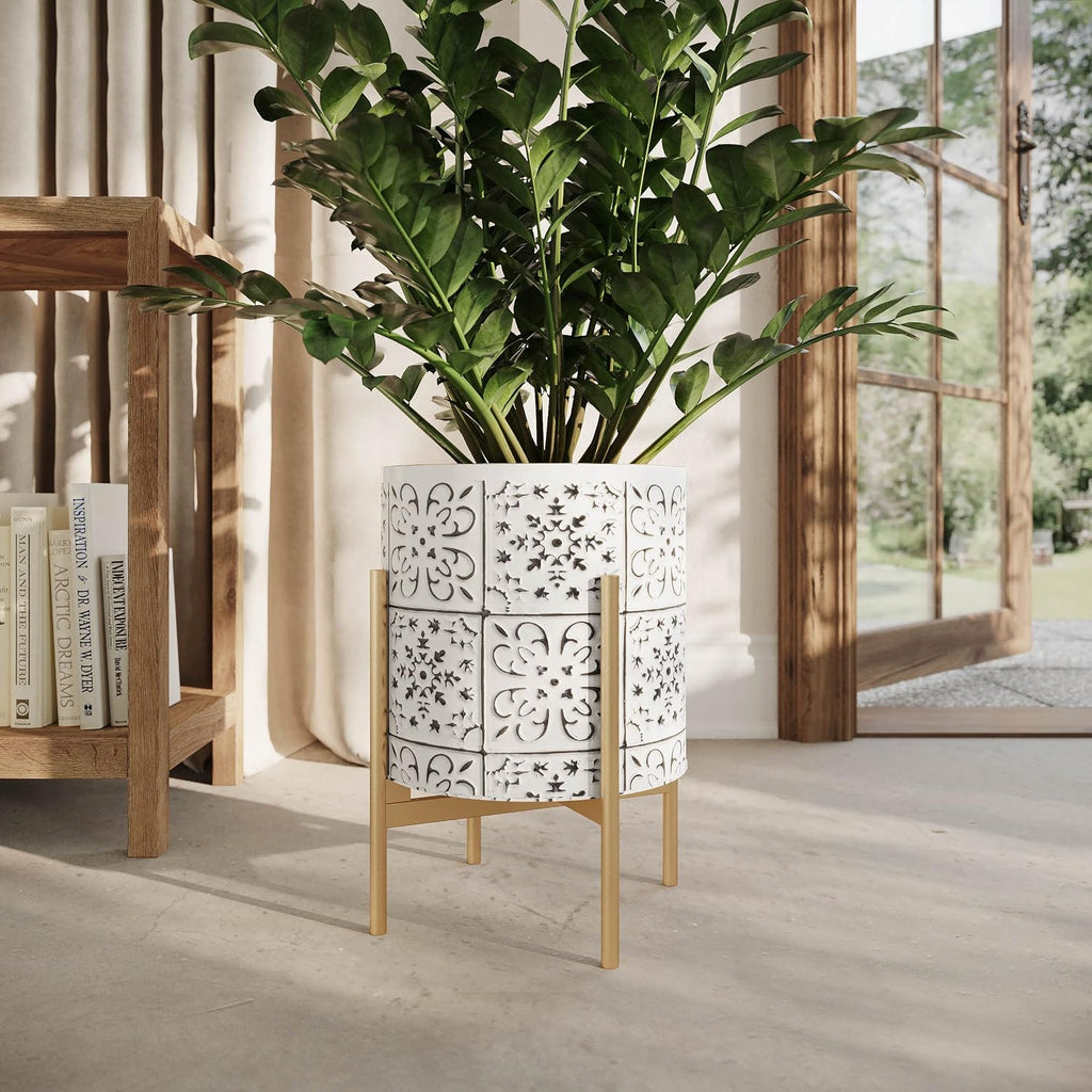 EverNest Tristan White with Black Boho Pattern Plant Pot with Loki Stand, SelectBase Indoor Planter, Neutral Home Decor, Minimalist Artistic Boho Plant Pot (Set of 3, Gold)