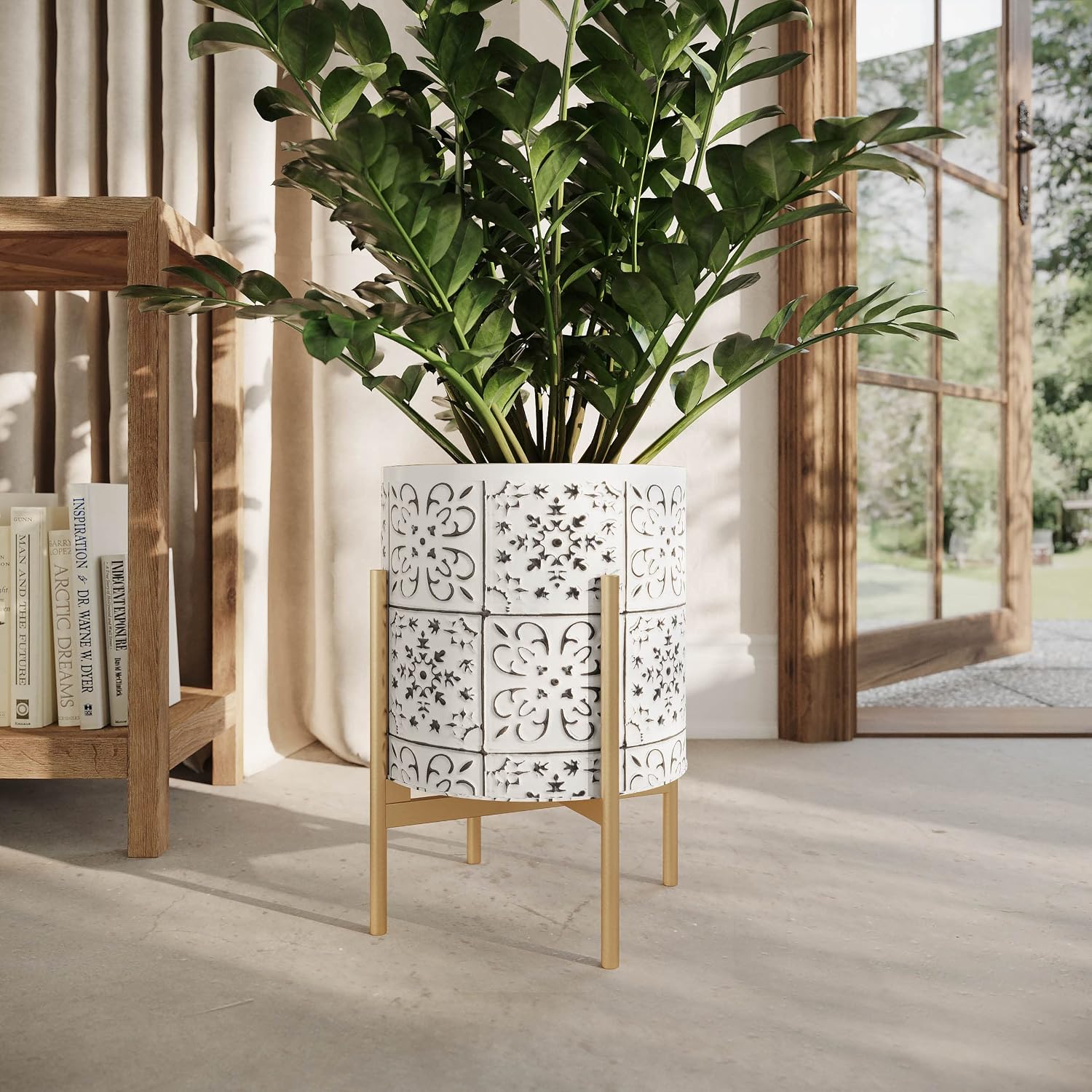 EverNest Tristan White with Black Boho Pattern Plant Pot with Loki Stand, SelectBase Indoor Planter, Neutral Home Decor, Minimalist Artistic Boho Plant Pot (Set of 3, Gold)