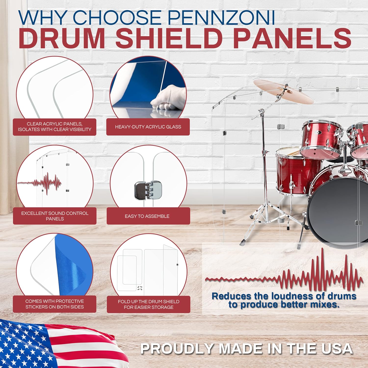 PENNZONI Drum Shield 4ft w/Deflectors & Chrome Hinges, Comes w/ 7 Drum Panels, 7 Deflectors, Chrome Hinges & Deflector Connectors, Premium Clear Acrylic Panels