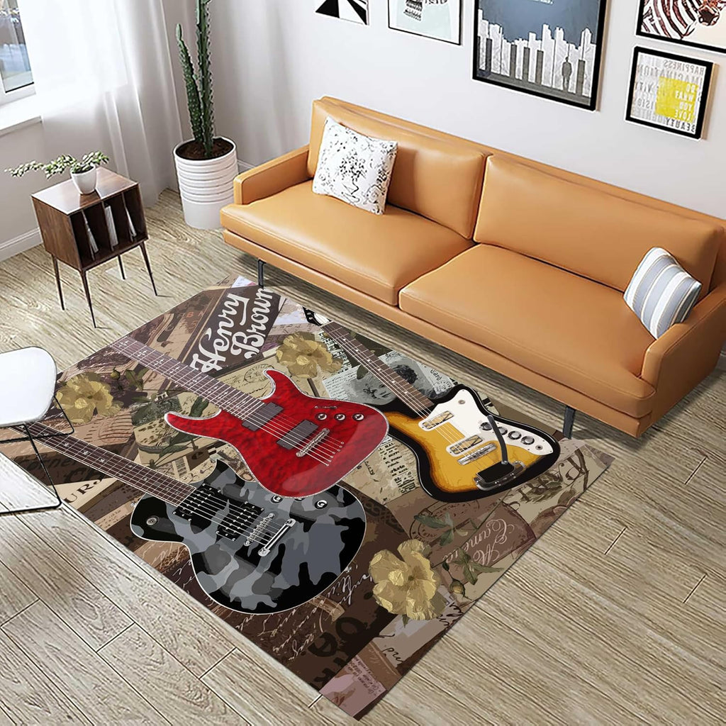 UNREASTO Retro Guitar Area Rug, 6x8ft, Music Instrument Red Gray Brown Rock Electric Guitar Poster Print Washable Rug, Easy to Clean Durable Rug for Living Room Bedroom Dormitory Apartment