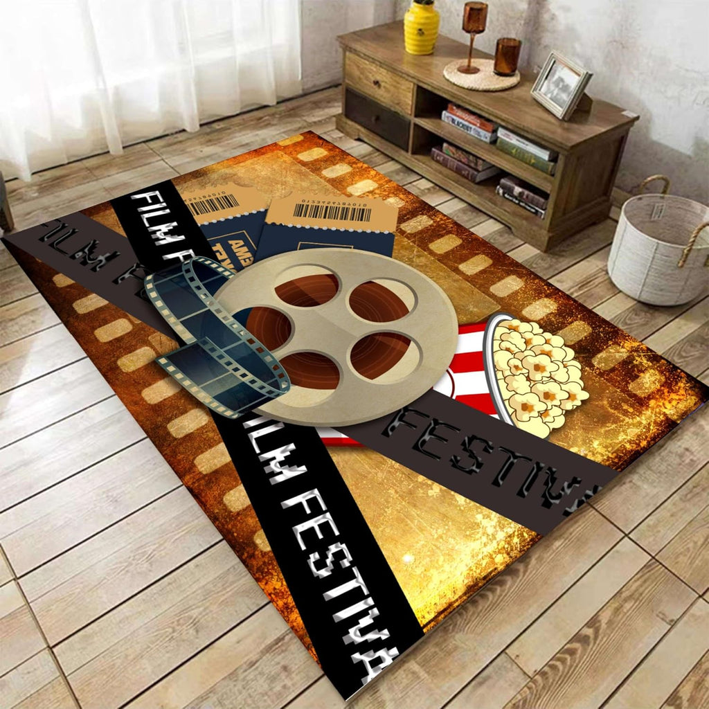 Vintage Movie Theater Area Rug, 6x8ft,Perfect For Home Theater Decor, Movie Night, Popcorn and Film Reel Design,Non-Slip Cinema Sign Floor Mat For Living Room, Bedroom, Kitchen,Country Cottage