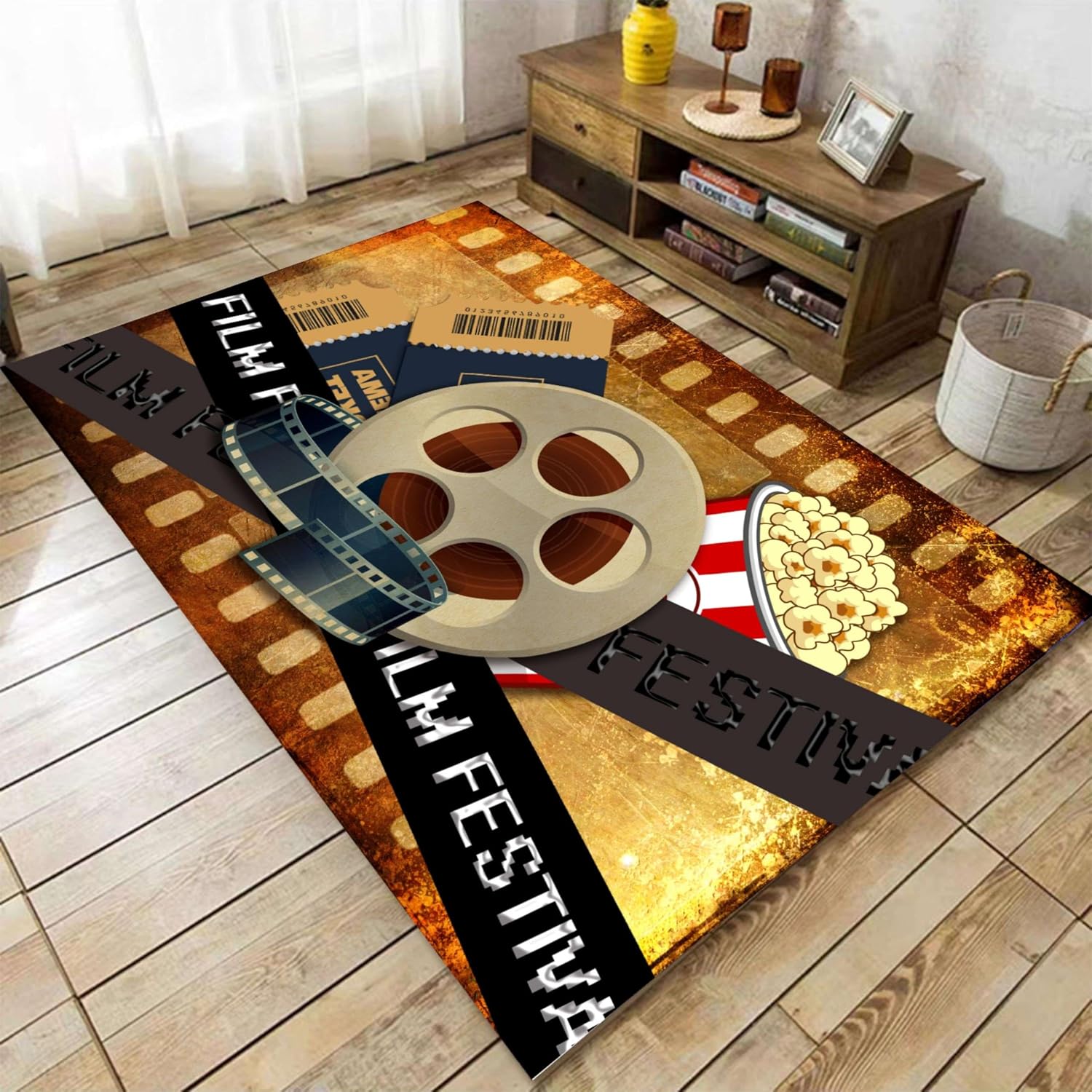 Vintage Movie Theater Area Rug, 6x8ft,Perfect For Home Theater Decor, Movie Night, Popcorn and Film Reel Design,Non-Slip Cinema Sign Floor Mat For Living Room, Bedroom, Kitchen,Country Cottage