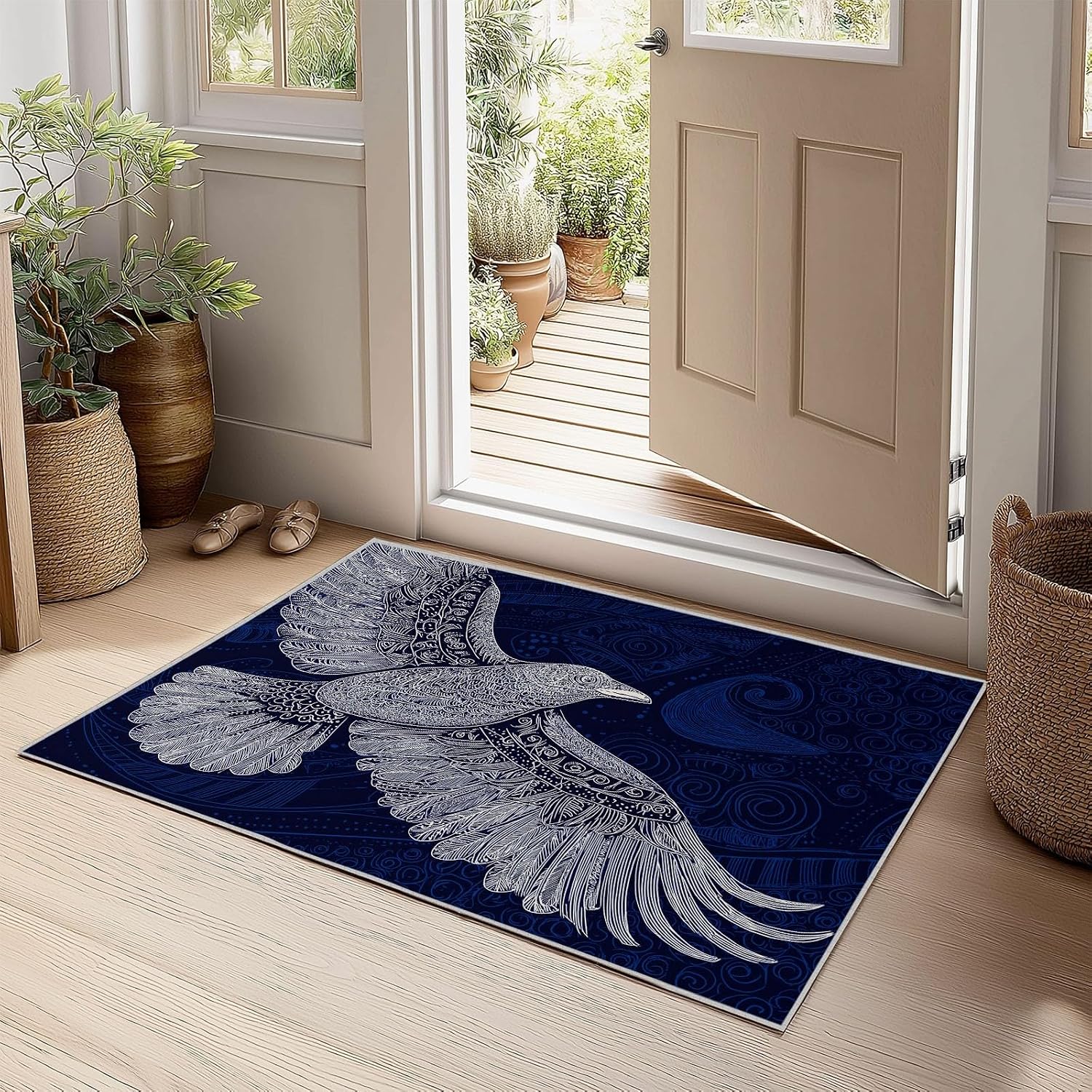Indoor Non-Slip Area Rug 5 x 7 ft, Abstract Art Washable Rug Viking Runes Animals Birds Low Pile Carpet for Living Room Entryway Kitchen Front Entrance Kids Room Door Mat Laundry