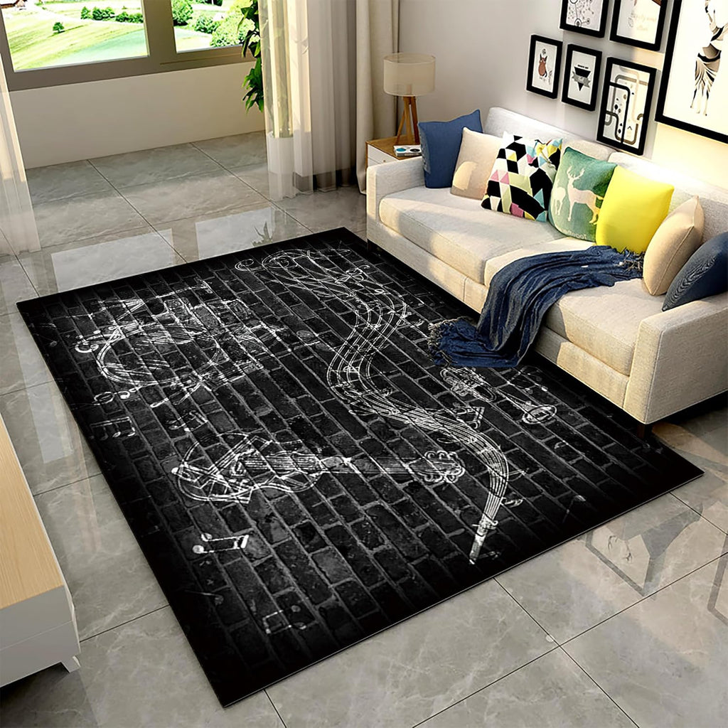 Drum Guitar Area Rug, 6x8ft, Music Playing Musical Note Melody Indoor Carpet, Anti-Skid Reduce Noise Kids Rugs, Printed Fade Resistant Rubber Backed Thin Rug for Nursery Entrance