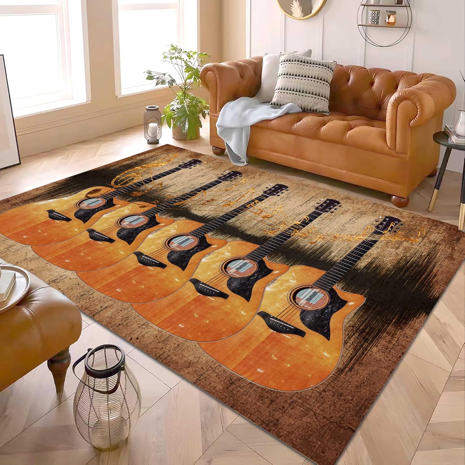 UNREASTO Music Note Area Rug, 6x8ft, Retro Brown Guitar Wood Board Background Music Decoration Rug, Washable Non-Slip Soft Rugs for Bedside Corridor Bedroom Living Room Home Decoration