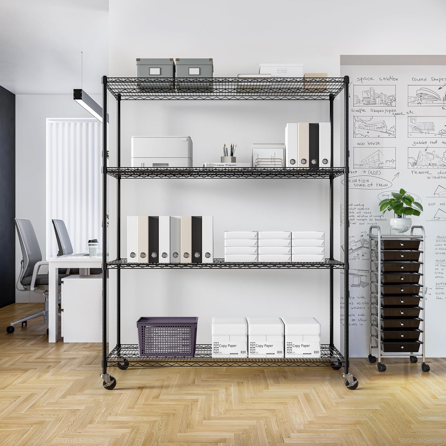 Seville Classics UltraDurable Heavy Duty NSF Solid Steel Wire Rack Storage Unit, Organizer for Garage, Warehouse, Office, Restaurant, Classroom, Kitchen, Black, 4-Tier Shelving, 60' W x 24' D