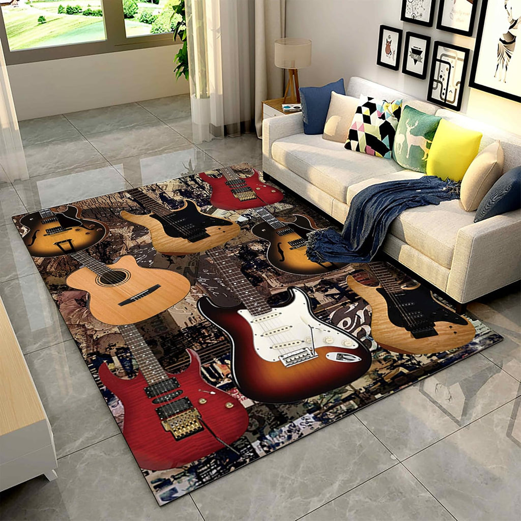 Guitar Area Rugs, 6x8ft, Retro Electric Guitar Pattern Bedroom Rug, Rock Music Instrument Reduce Noise Floor Carpet, Breathable Cozy Non-Shedding Durable Mat for Nursery Classroom