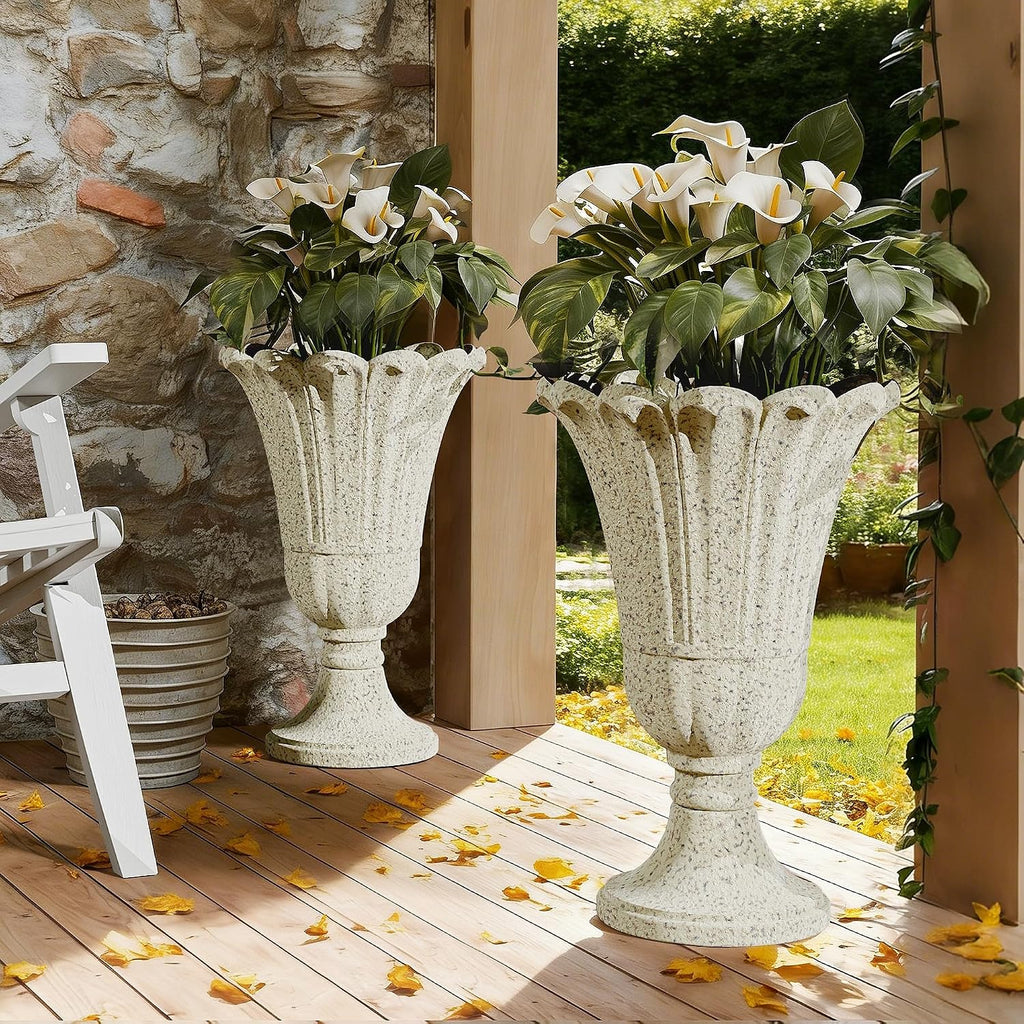 Plastic Urn Planters Set of 2, 23.6' Tall Pedestal Planter with Drainage Holes, Vintage Petal Garden Planter Urns for Front Porch, Large Plant Urns Outdoor & Indoor Flower Pots, Beige