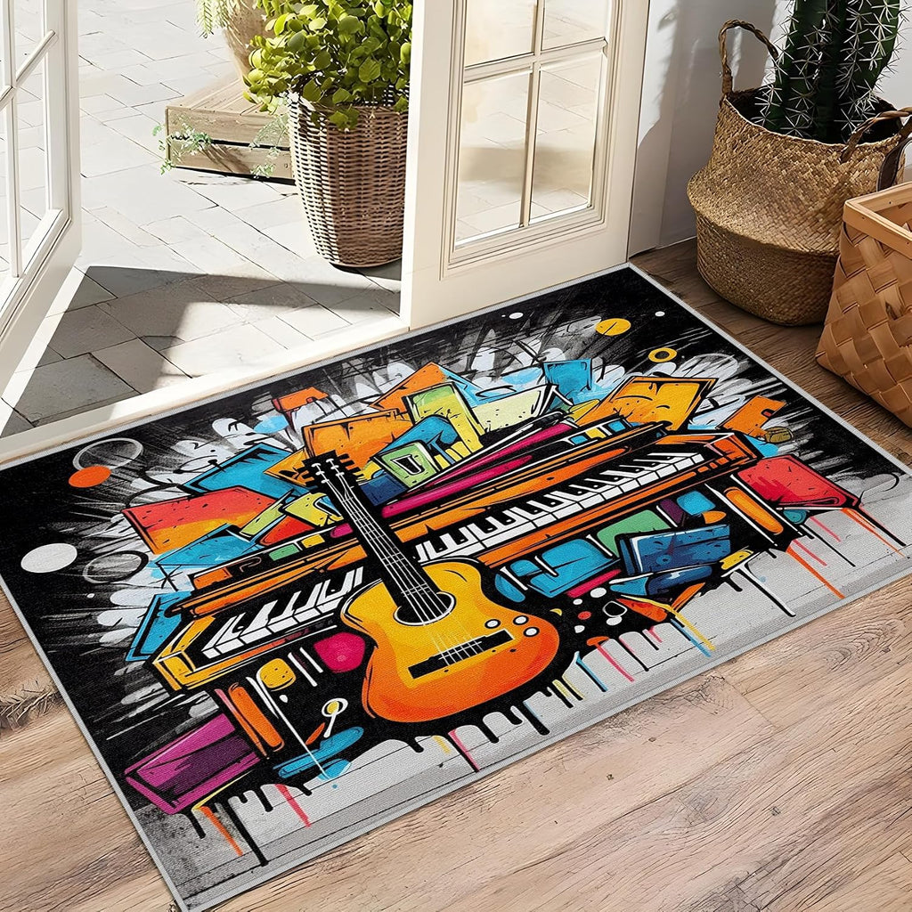 Music Rug 8x10 - Guitar Area Rugs for Living Room Bedroom - Music Room Carpet - Washable Non Slip Stain Resistant - Graffiti Home Decor & Gifts