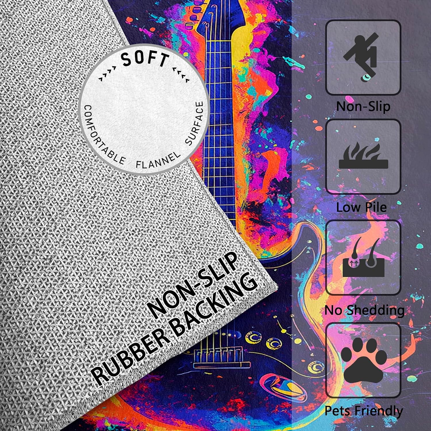 Guitar Rugs 5x7 - Guitar Rugs 4x6, Electric Guitar Music Area Rug for Living Room Bedroom, Washable Non Slip Non Shedding, Rock and Roll Graffiti Carpet, Guitar Home Decor & Gifts