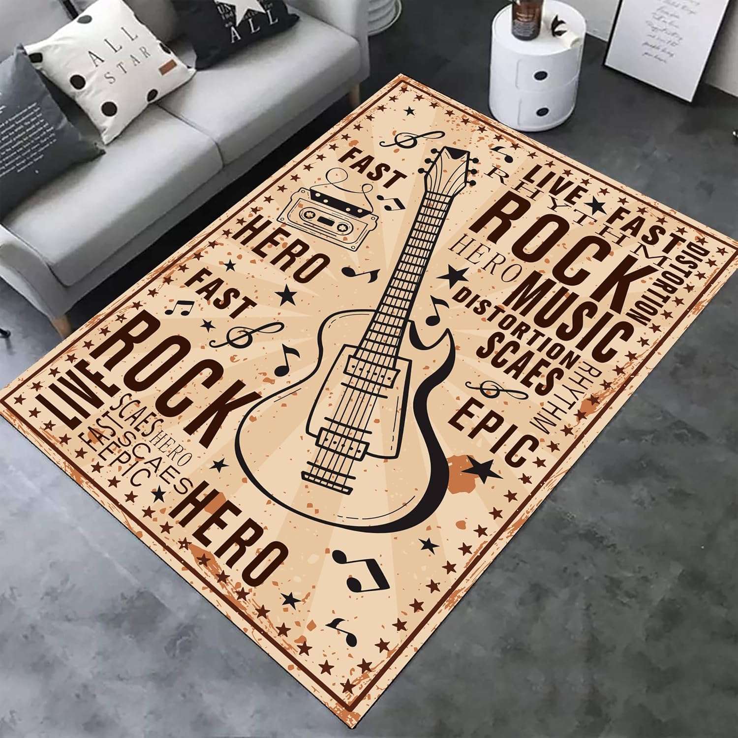 UNREASTO Vintage Guitar Area Rug 6x8ft Music Musical Note Star Letter Print Retro Rug Floor Mat for Children's Room Kids Boy Girl Bedroom Decoration Soft Non-Slip Durable Rug for Living Room