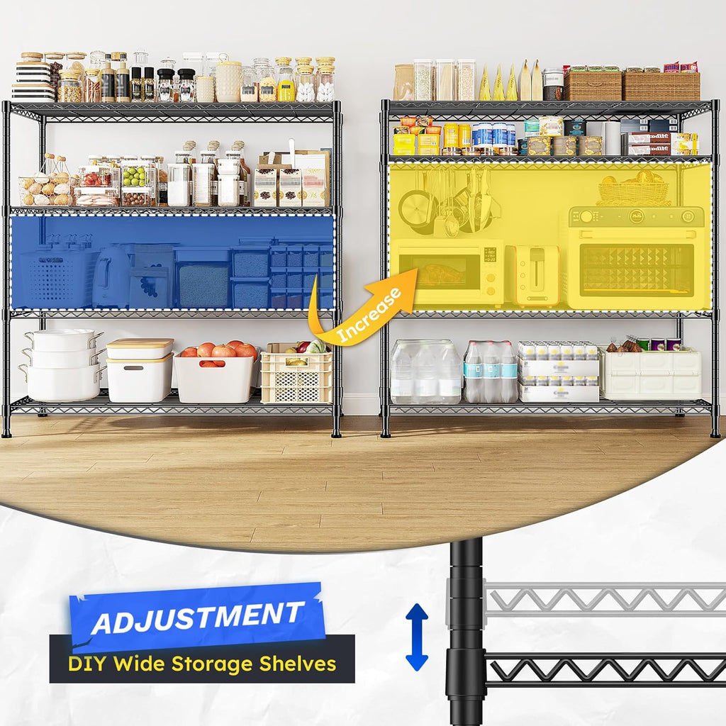 2 Set of 45 'W Metal Shelving Unit 4 Tier Storage Shelves Adjustable Wire Shelving Metal Shelf Pantry Shelves Wire Rack Commercial Shelving for Kitchen Pantry Garage 45 'W x 59.4 'Hx 13.5' D Black