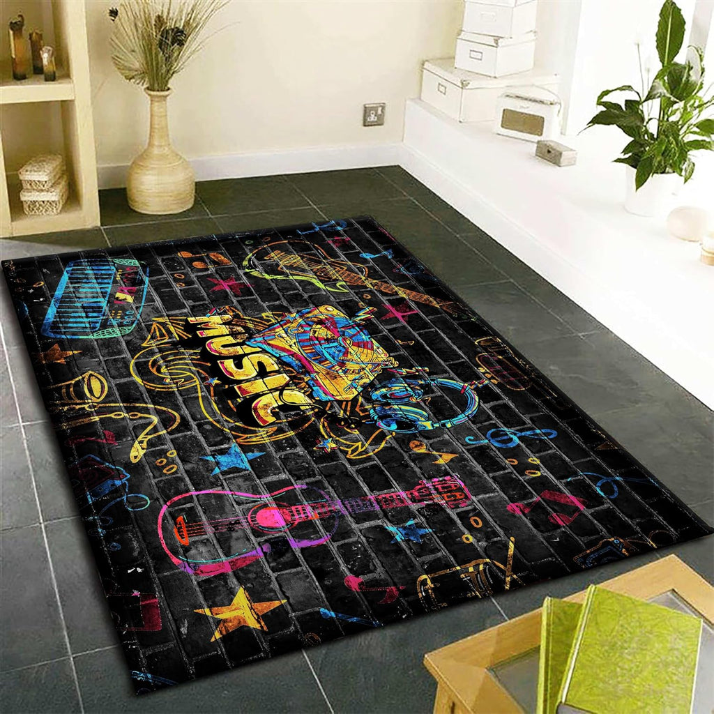 Musical Instruments Indoor Rugs, 6x9ft, Musical Note Guitar Headphone Graffiti Pattern Entryway Rugs, Absorbent Shed Resistant Reduce Noise Anti Slip Carpet for Kids Bedroom Family
