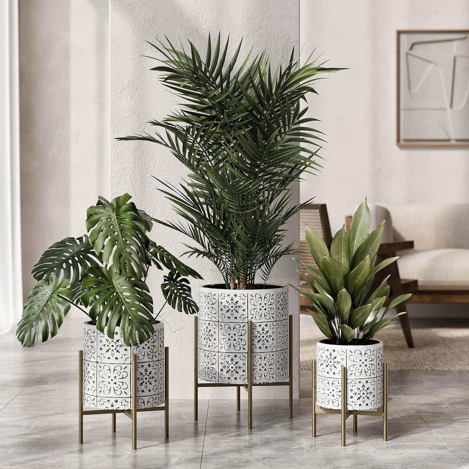 EverNest Tristan White with Black Boho Pattern Plant Pot with Loki Stand, SelectBase Indoor Planter, Neutral Home Decor, Minimalist Artistic Boho Plant Pot (Set of 3, Gold)