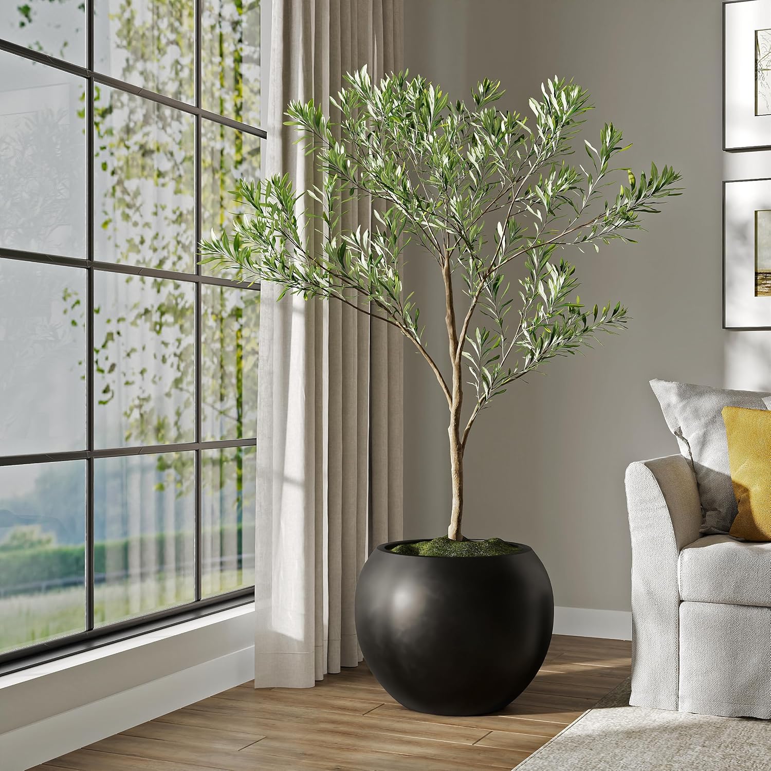 DTY Premium Mt Sherman Fiberstone Sphere Planter for Indoor Outdoor Use, Round Pot for Olive Tree, Lightweight, Smooth Finishes. 2 Extra Coco Mats. Black, Large 21.1'' D x 16.7'' H. 14.6' Pot Opening