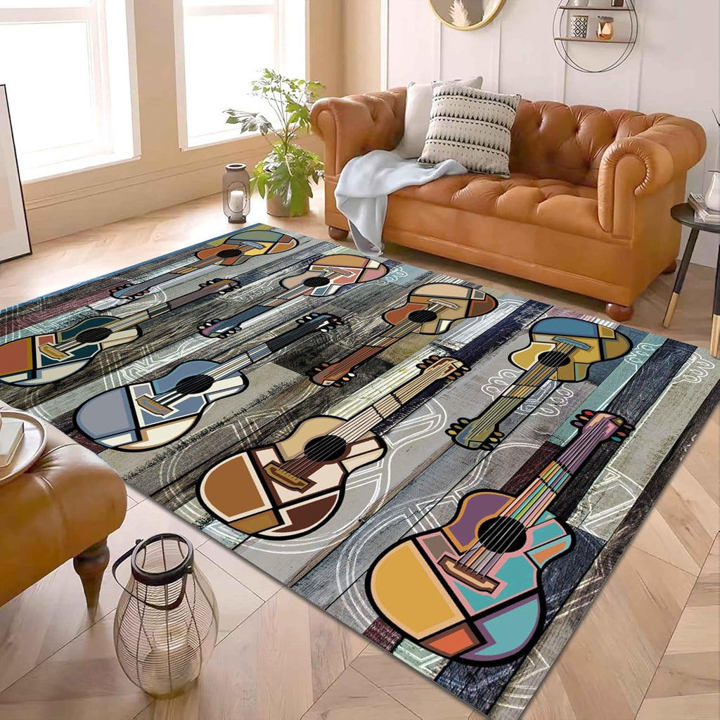 Guitar Rug for Living Room, 6x8ft, Colorful Stylish Guitar Instrument Non-Slip Washable Carpet, Wooden Board Graffiti Art Indoor Large Area Rug for Music Lover Bedroom Study Game Room Rugs