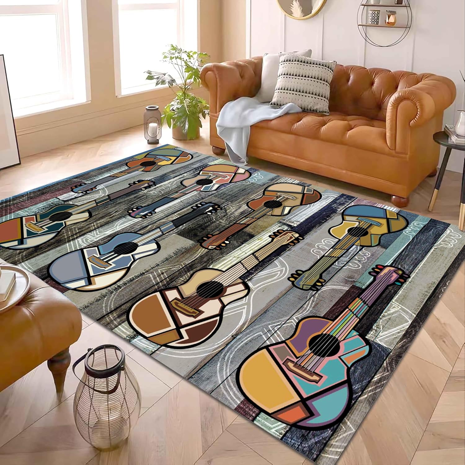 Guitar Rug for Living Room, 6x8ft, Colorful Stylish Guitar Instrument Non-Slip Washable Carpet, Wooden Board Graffiti Art Indoor Large Area Rug for Music Lover Bedroom Study Game Room Rugs