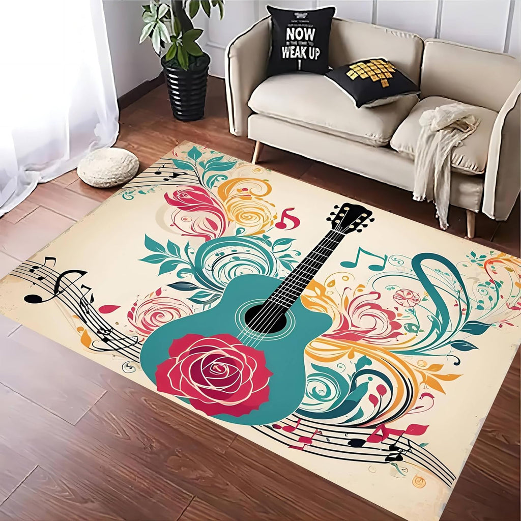 Electric Guitar Area Rug, 6x8ft Large Area Electric Guitar Home Interior Decoration Carpet，Line Art Musical Note Printed Rug, Rose Pattern Soft Low Pile Rug, Non-Slip Washable Nursery Rugs