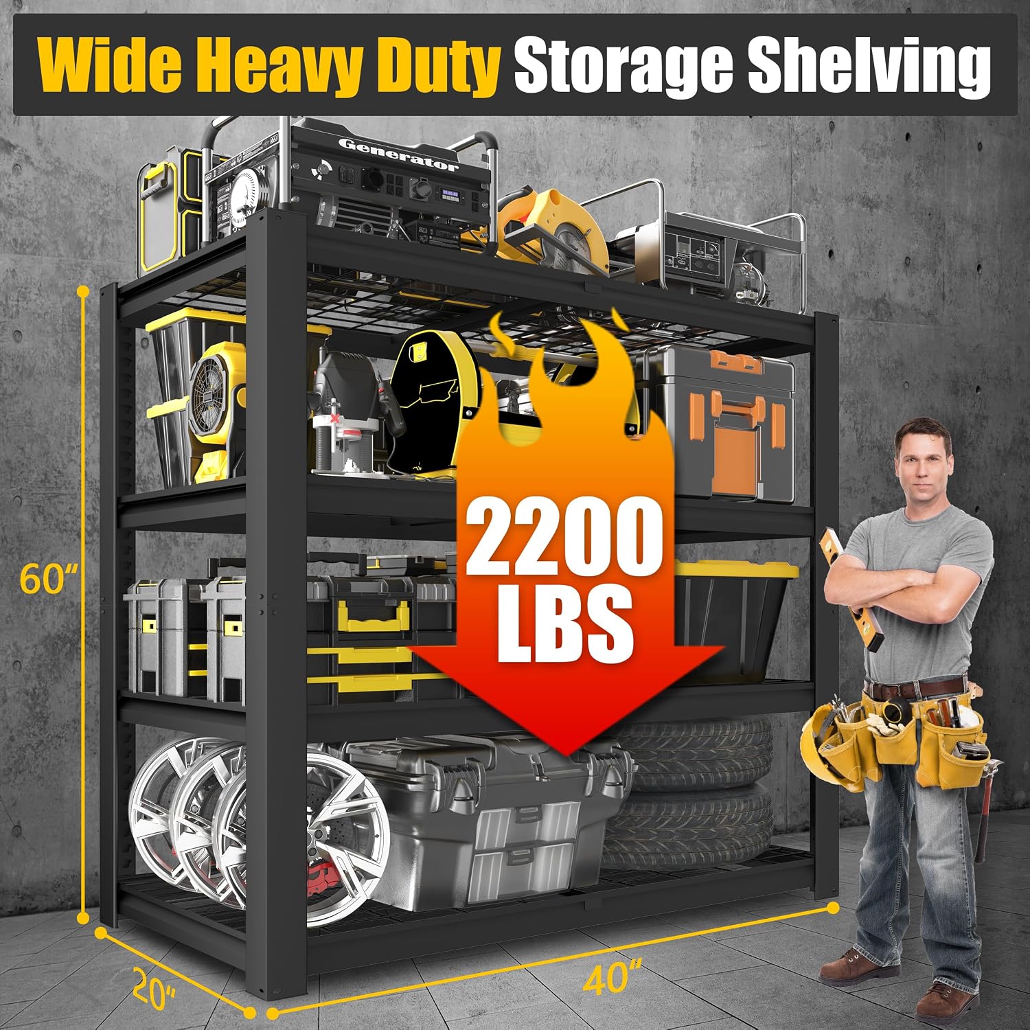 PrimeZone Heavy Duty Garage Shelving 2200 LBS 4 Tier Heavy Duty Storage Shelves Adjustable Industrial Metal Wire Shelf Unit for Garage,Basement,Pantry,Warehouse,Commercial,40' W X 20' D X 60' H 2Pack