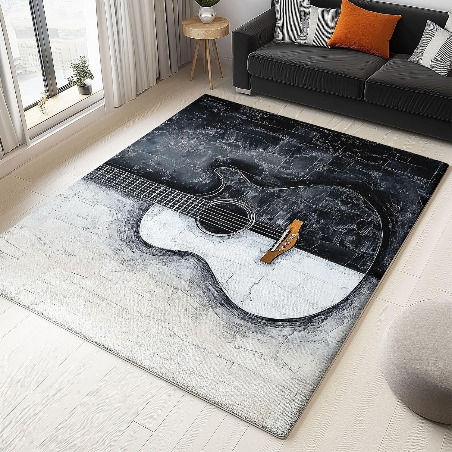 Abstract Modern Oil Painting Guitar Print 5 x 7 ft Area Rugs for Living Room, Washable Carpet for Bedroom Black and White Non-Slip Rug - Stain Resistant Carpets for Kids Playroom Classroom Dining Room
