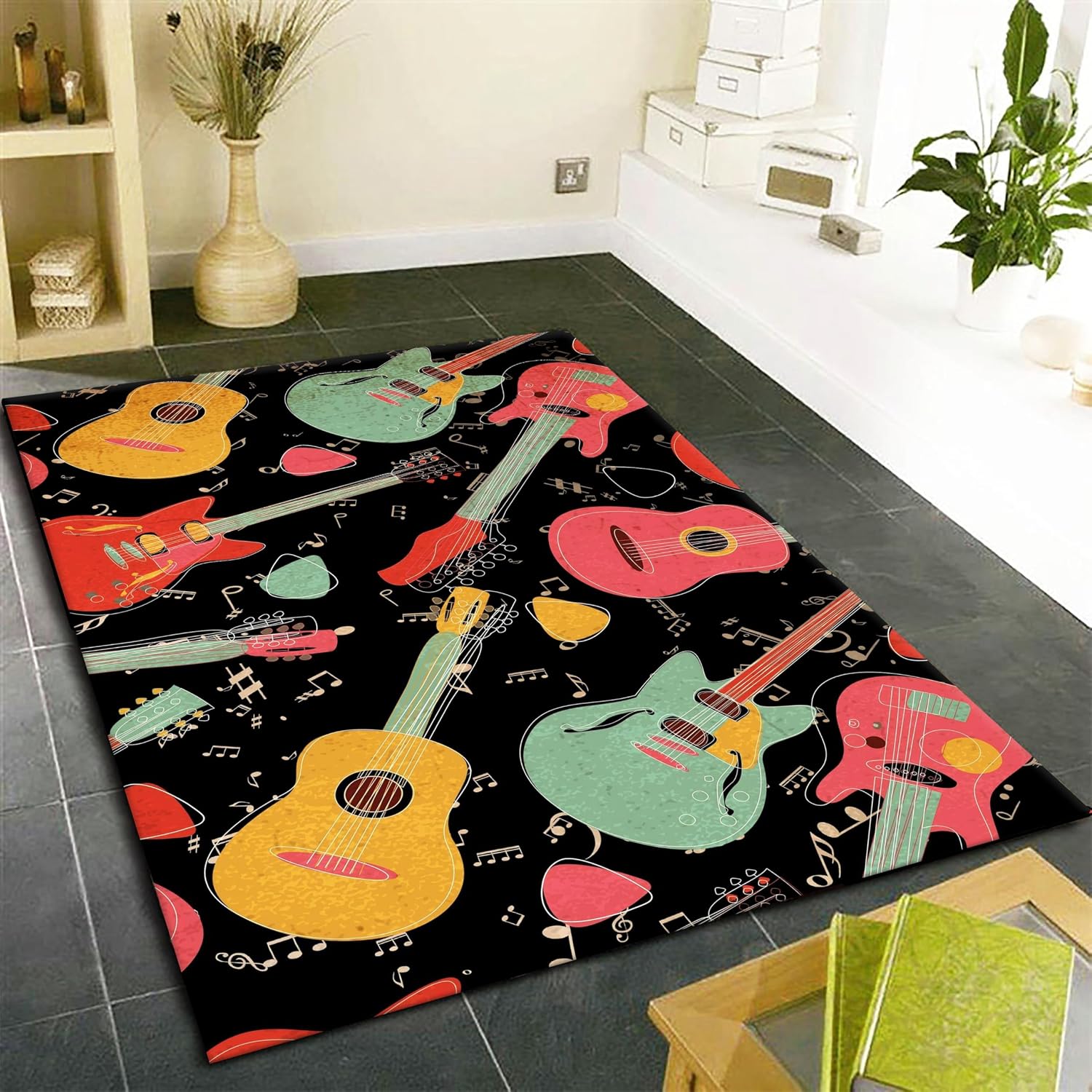 Colorful Music Guitar Area Rug, 6x8ft, Musical Note Guitar Pick Entrance Carpet, Soft Cozy Foldable No Crease Indoor Mats, with Non Slip Backing Low Pile Rugs for Living Room