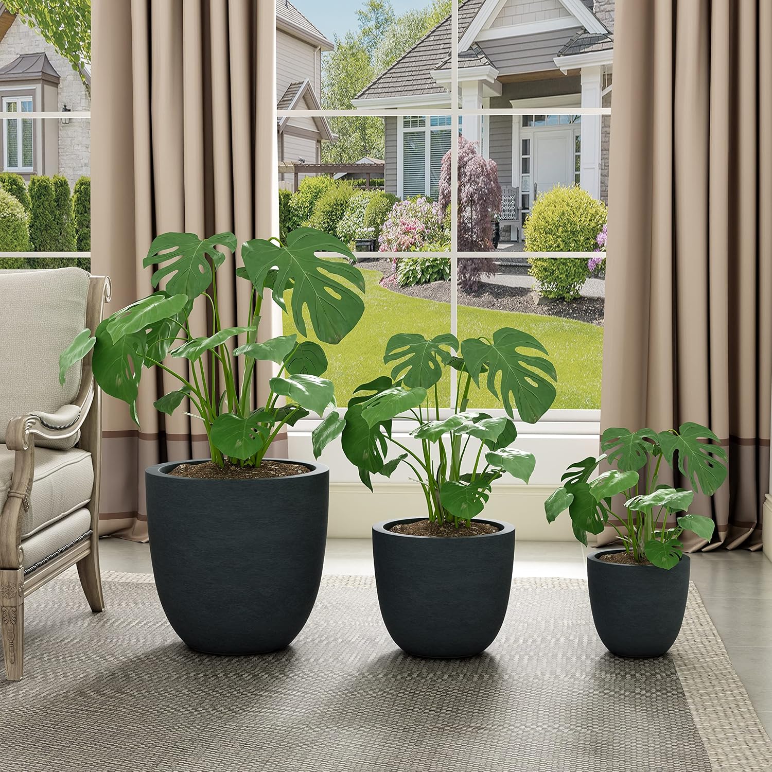 Kante 18',14',10' Dia Concrete Round Planters (Set of 3), Outdoor Indoor Large Planter Pots with Drainage Hole and Rubber Plug for Home Patio Garden, Dark Gray