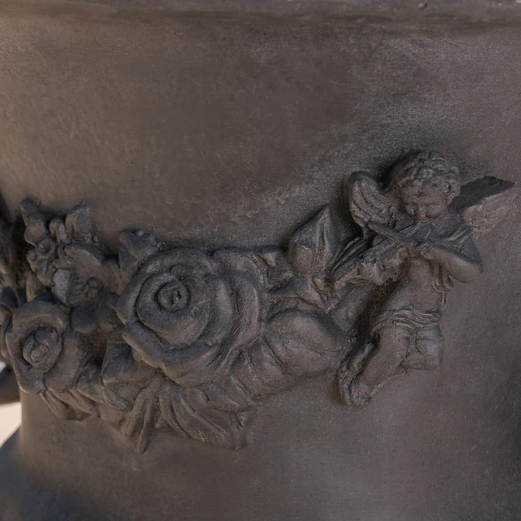 Antique Black Magnesium Oxide Urn Planter, Elegant Decorative Outdoor Garden Patio or Indoor Vase, Ready to Use, 17.3L x 17.3W x 24H Inches