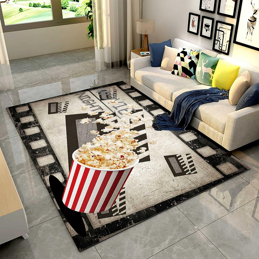 Retro Cinema Movie Area Rug,6x8ft,Filmstrrip and Popcorn Patterned Rug,Cinema Sign Non-Slip Carpet for Sofa Living Room Kitchen Play Mat Nursery Throw Rugs Yoga Mat…