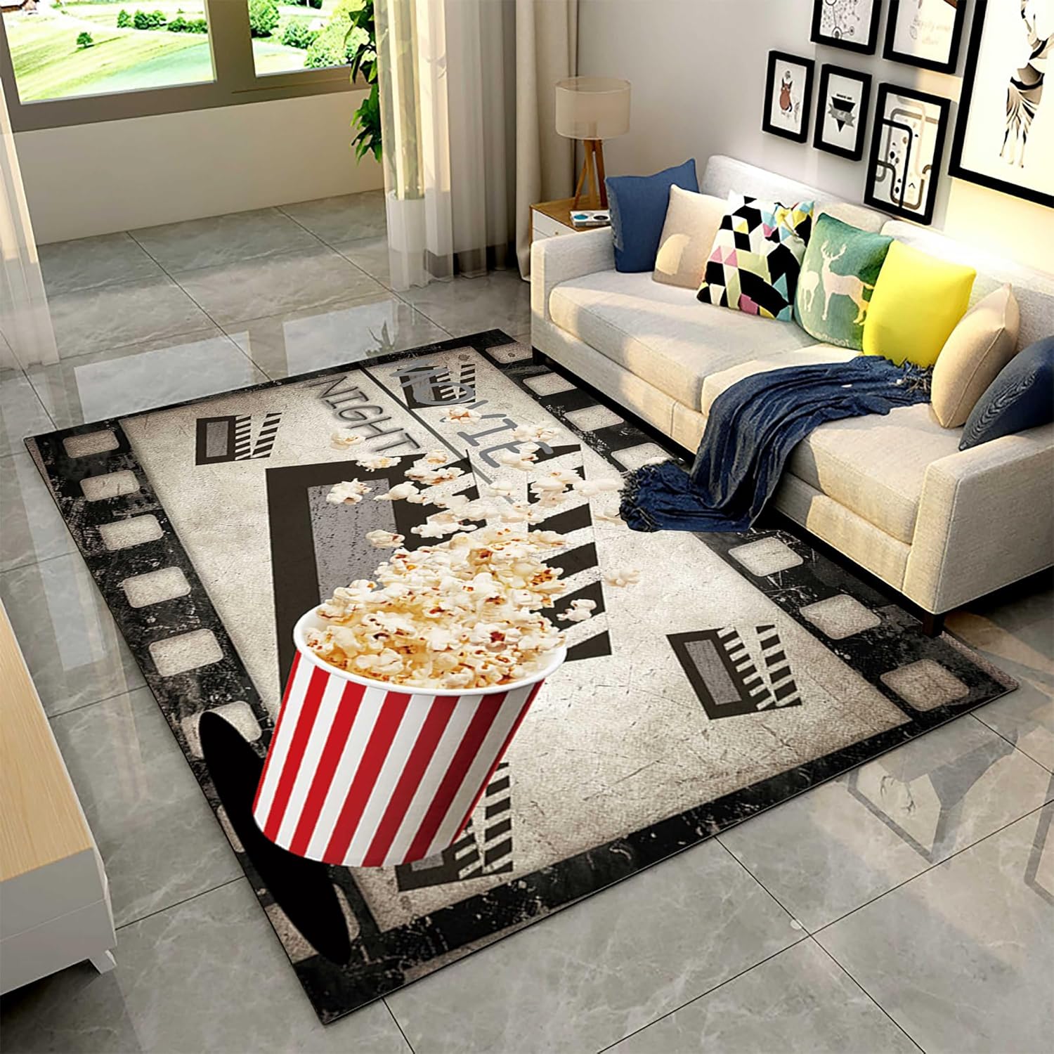 Retro Cinema Movie Area Rug,6x8ft,Filmstrrip and Popcorn Patterned Rug,Cinema Sign Non-Slip Carpet for Sofa Living Room Kitchen Play Mat Nursery Throw Rugs Yoga Mat…