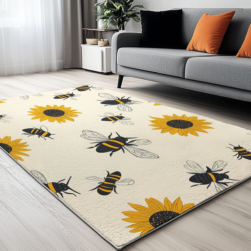 Minimal Sunflower and Bee, Machine Washable Area Rugs Perfect for high Traffic Areas of Your Living Room,Bedroom,Home Office,Kitchen Area Rug 6 x 8 ft Multicolor Carpet