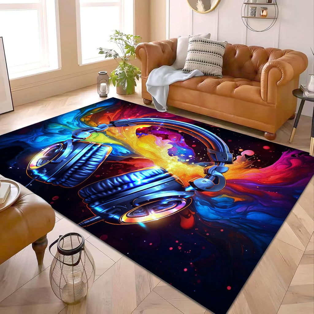 Game Area Rug, 6x8ft, Music Headphone Rug Colorful Graffiti Cool Throw Rugs 3D Indoor Large Rugs, Non-Slip Machine Washable Carpet Door Mats for Living Room Bedroom Apartment Dorm