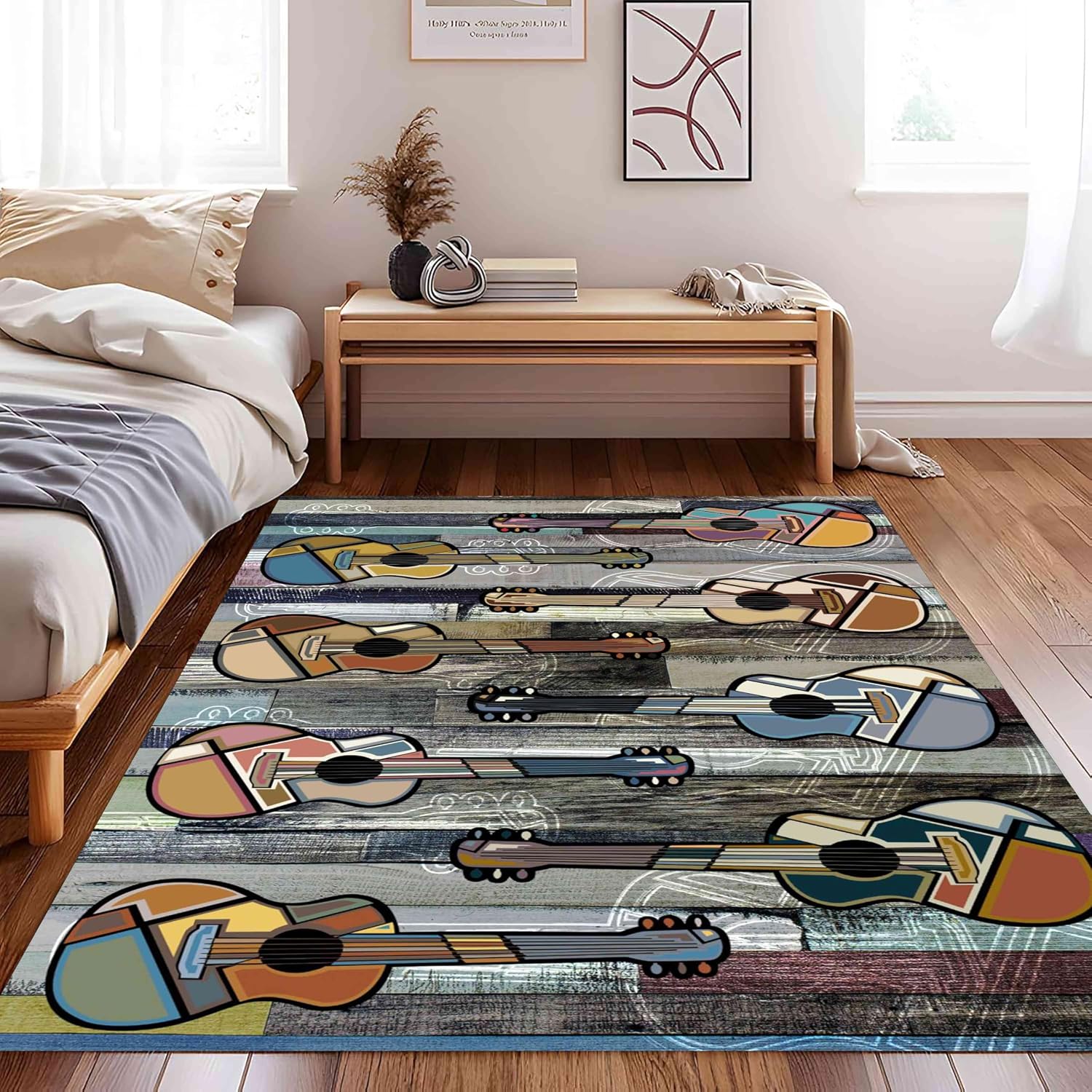 Guitar Rug for Living Room, 6x8ft, Colorful Stylish Guitar Instrument Non-Slip Washable Carpet, Wooden Board Graffiti Art Indoor Large Area Rug for Music Lover Bedroom Study Game Room Rugs