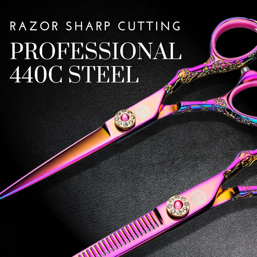 Saki Shears Kohana Pink Set of Professional Hair Shears - Includes Cutting and Thinning Shears - 440C Japanese Steel