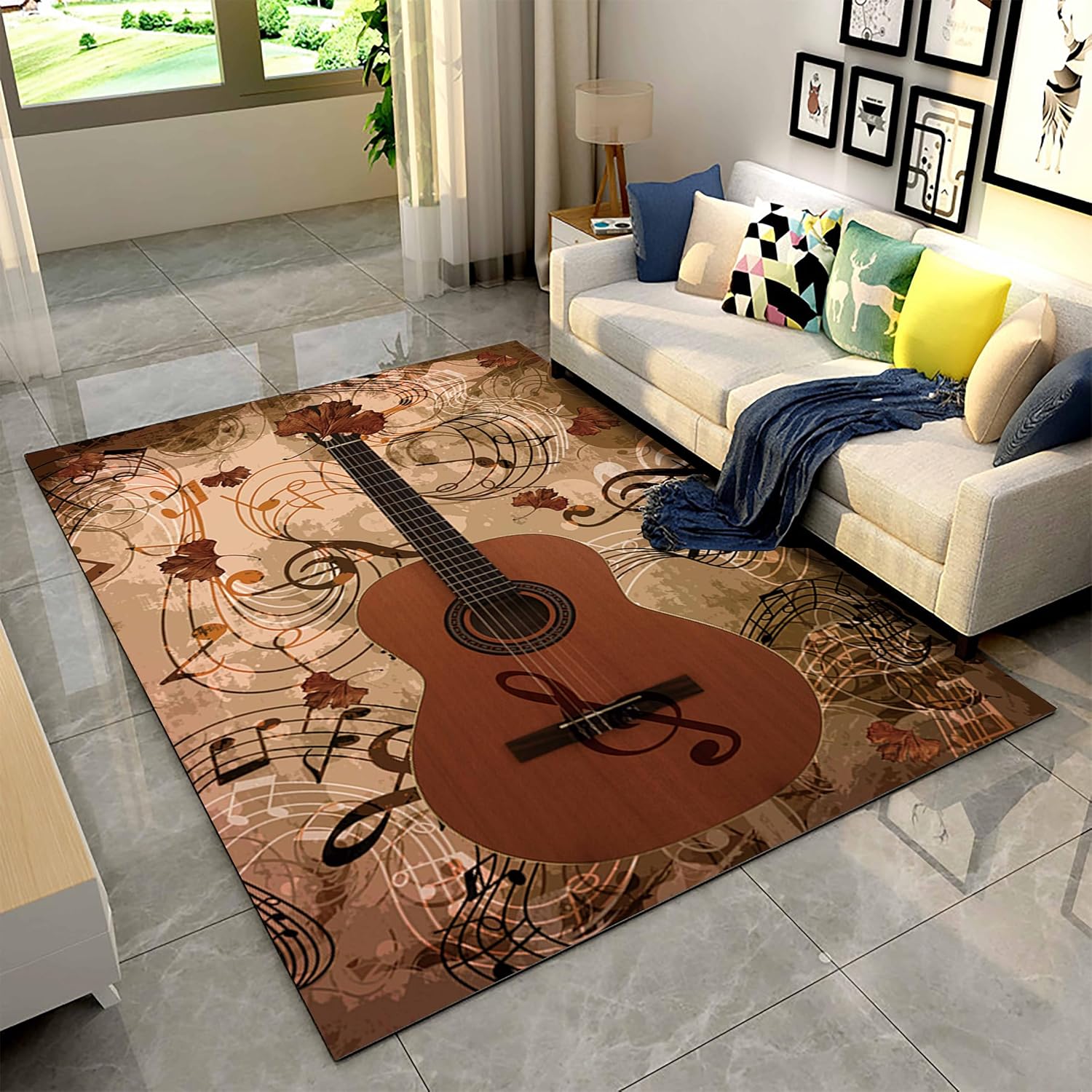 Wooden Guitar Area Rug, 6x8ft, Retro Music Decor Indoor Carpet, Musical Melody Music Notes Non-Slip Throw Rugs, Durable Absorbent Fade Resistant Absorbent Carpets for Sofa Floor